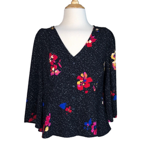 BP Nordstrom Women's Medium Black Floral‎ Button Up VNeck 3/4 Sleeve Top Boho